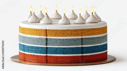 Stacked layer confectionery creation adorned with flaming wicks rests upon a simple serving base