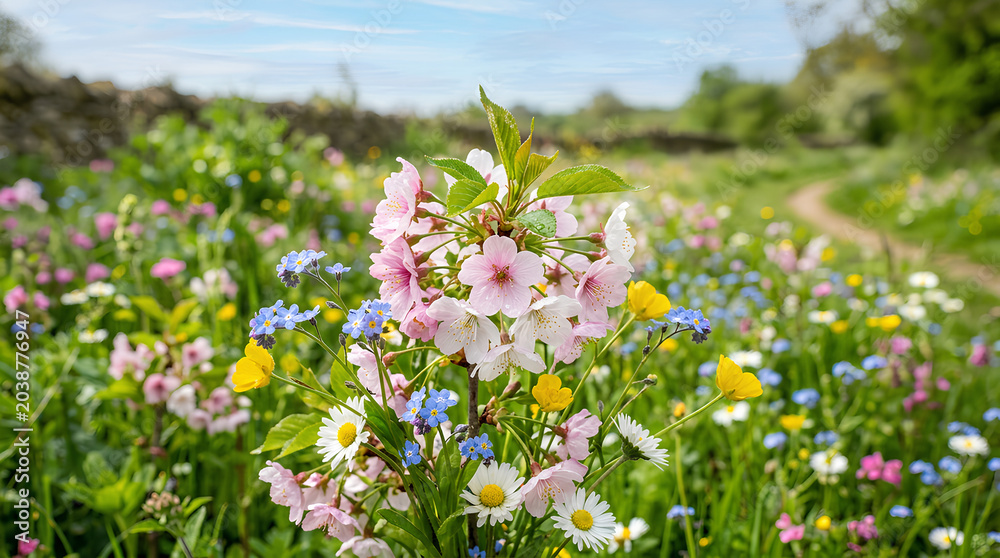 Fototapeta premium Vibrant wildflowers in a sunny meadow capturing natural beauty and serenity.