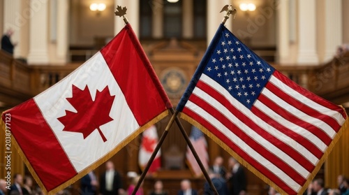 Crossed canadian and american flags inside government chamber for official