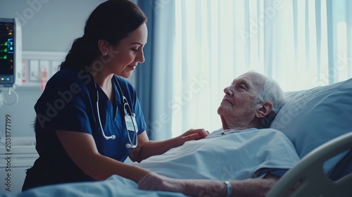 Nurse caring for elderly patient in hospital bed with compassion