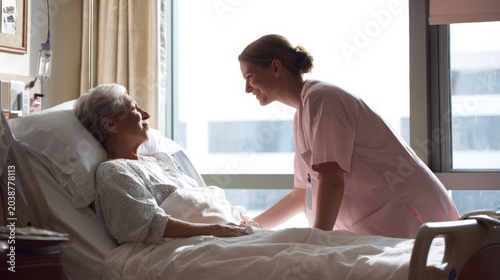 Nurse comforting elderly patient in hospital bed by window