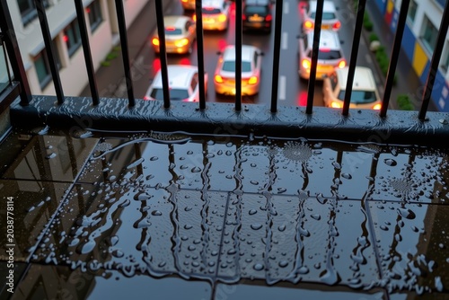 Raindrops gleam on wet tiles below a balcony railing