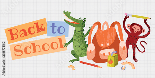 Photography Back to School banner with Crocodile, Monkey, backpack, pencils, juice box, grid paper and flowers