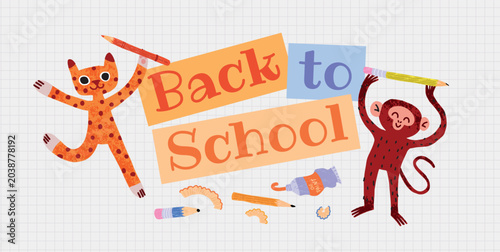 Canvas Print Back to School concept banner with playful Cat and Monkey holding pencils, school supplies and grid paper