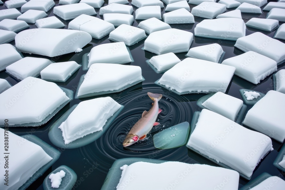Fototapeta premium Frozen lake holds shattered ice floes