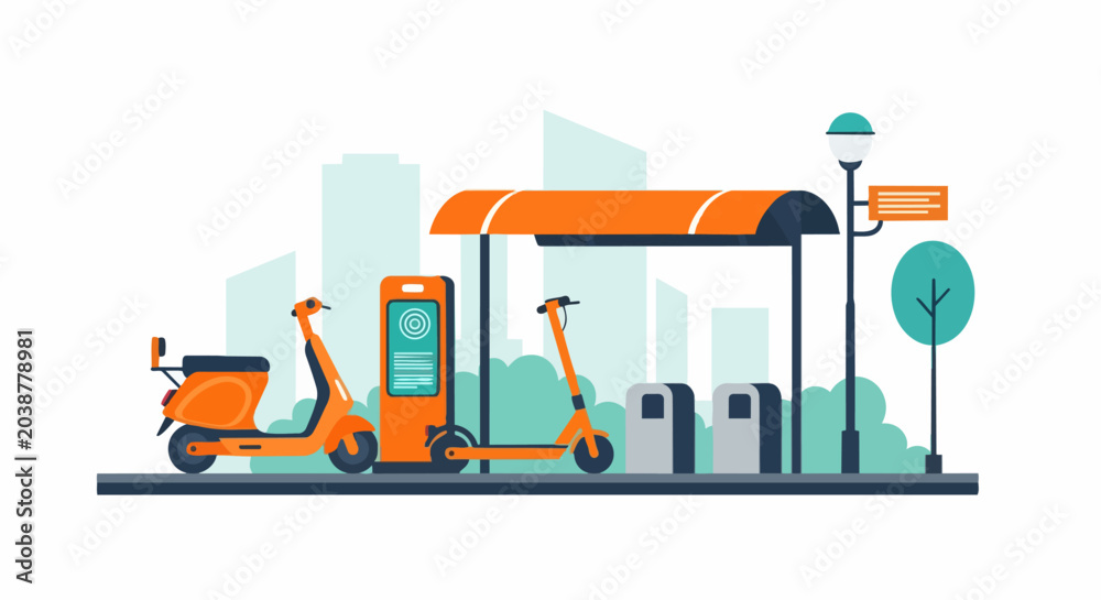 Fototapeta premium Electric Scooter and Moped Charging Station Illustration, Urban Micromobility Concept, Eco-Friendly City Transport Vector in Flat Style