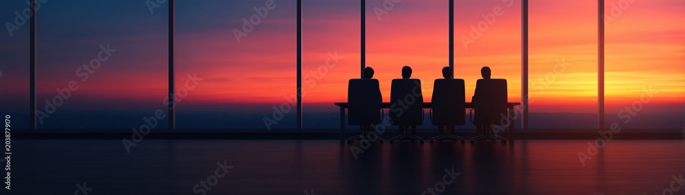 Fototapeta premium Sustainable finance esg investing boardroom sunset business meeting silhouette near window modern office skyline view with calm strategic