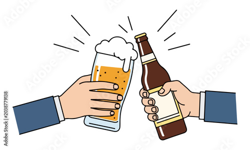 Hands in suits toasting with beer glass and bottle illustration