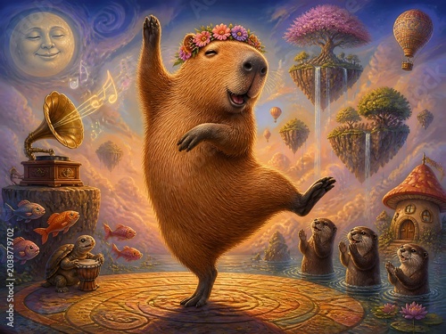 surreal fantasy Illustration of a joyful capybara dancing with enthusiasm and energy
