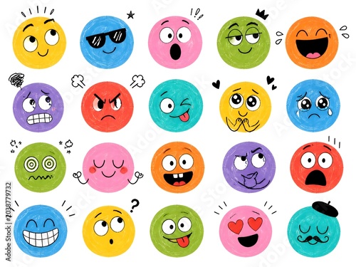 surreal fantasy funny comic faces round abstract various emotions set. crayon drawing different colorful