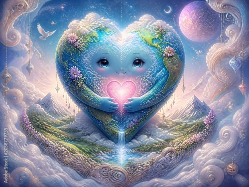 surreal fantasy earth with a heart shape character vibrant blue and green swirling patterns