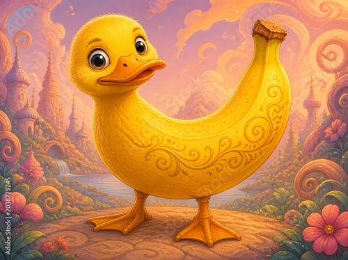 bright yellow banana body, gentle curves, and a vibrant duck head