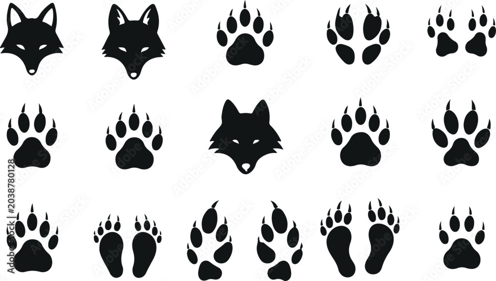 Fototapeta premium Wolf paw prints and head silhouette vector set with animal tracks isolated on light background for wildlife, hunting, forest, and nature design