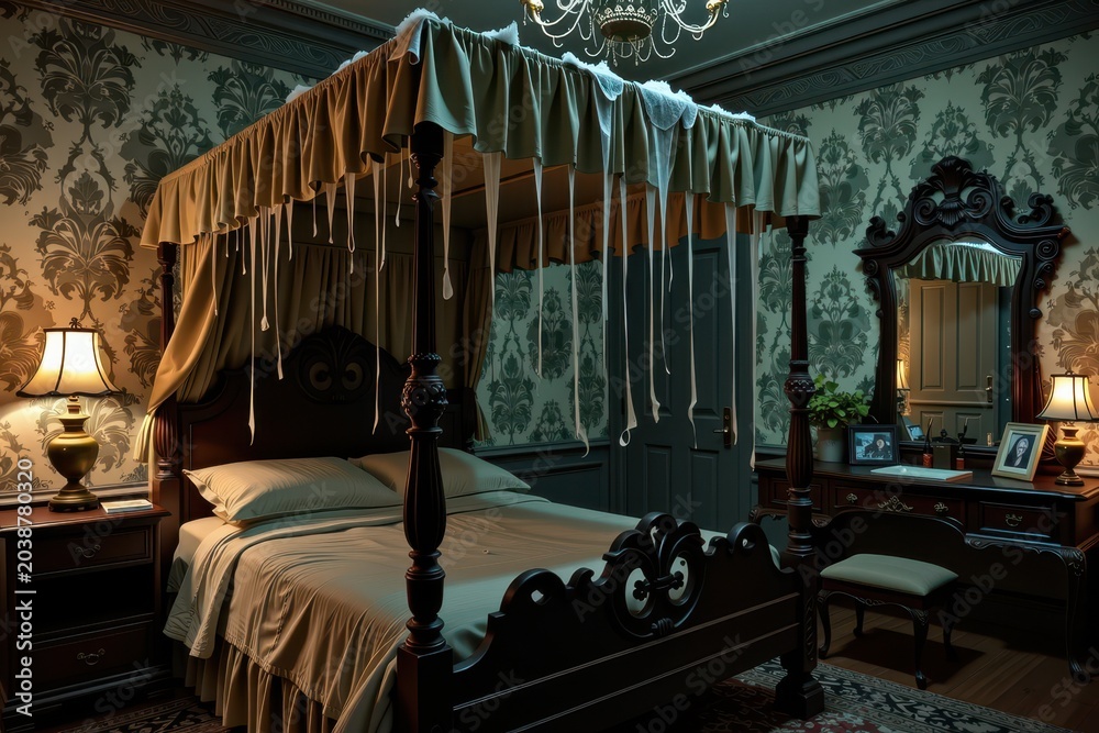 Fototapeta premium Grand four-poster bed dominates elegant, vintage bedroom
