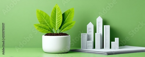 Sustainable finance esg investing green plant potted plant leaf paper city city skyline urban eco growth business concept carbon climate