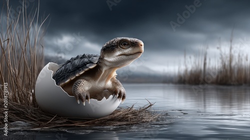 Turtle Hatching From Egg in Marshland During Overcast Day