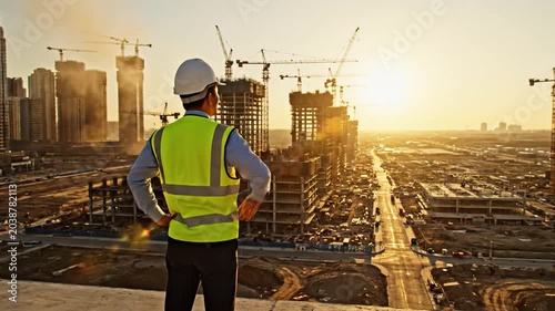 Lone foreman wearing a hard hat and safety vest surveys a sprawling new urban construction development at sunset