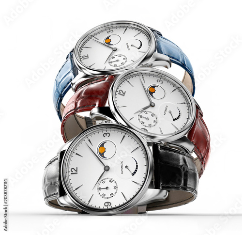 Luxury Automatic Wristwatches with Leather Straps Isolated on White Background