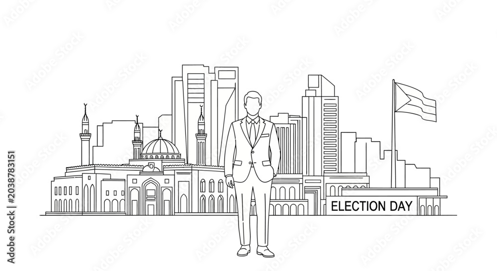 Naklejka premium Man Standing with City Skyline on Election Day