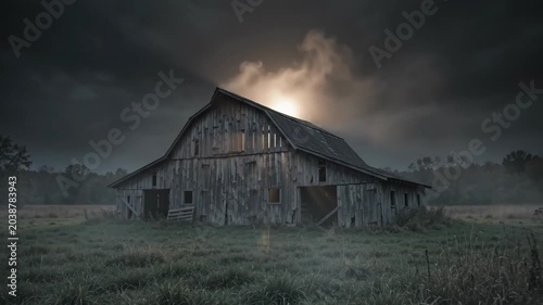Old wooden barn in field under stormy sky with emerging sun. Rural landscape transition from darkness to golden light. Mysterious atmosphere in country scenery