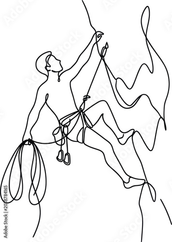 Single Line Drawing of Rock Climber Ascending Mountain Peak