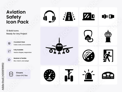 Obraz na plátně Bold Aviation Safety Icon Set with Pilot Headset Runway Lights Overhead Bin Seat