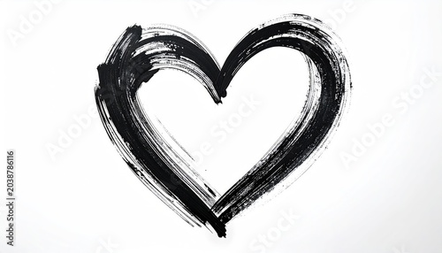 Hand-drawn Black Heart Symbol with Brush Strokes on White Background.