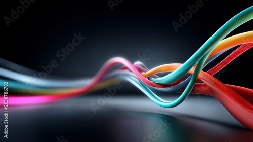 Colorful lines twist and turn in a dynamic flow across a dark surface