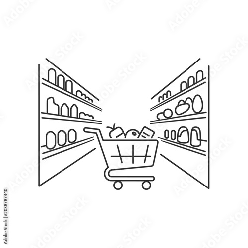 Shopping cart in grocery store aisle with products illustration