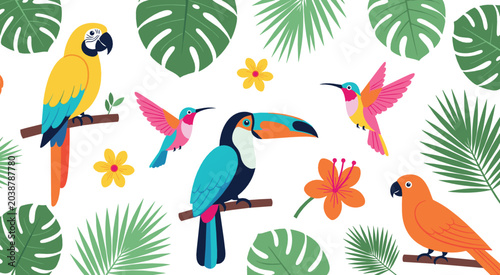 Canvas Print Colorful tropical birds and jungle leaves vector illustration set with toucan, p