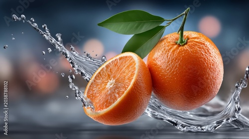 Fresh oranges splashing in water with leaves in a dynamic motion scene