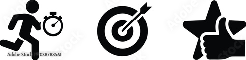 Performance and achievement business icons set with running stickman holding stopwatch target board with arrow and star thumbs up.