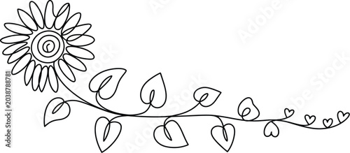 Continuous one line drawing of beautiful sunflower with long vine stem leaves and small hearts isolated on white background.