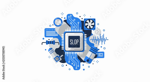 SLOP Concept Illustration for AI Low-Quality Content, Digital Waste and Computer Technology Vector with CPU, Fan, Circuits and Electronic Components
