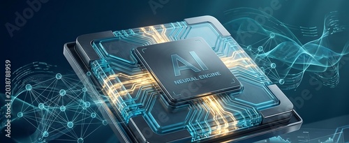 Computer processor chip glowing with artificial intelligence architecture highlights the rapid advancement of machine learning technology and deep neural networks in modern hardware development.