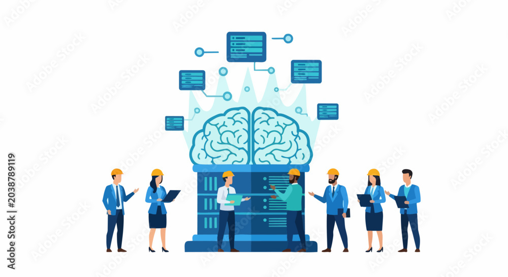 Naklejka premium Artificial Intelligence Concept: Diverse Team of Engineers Working on AI Infrastructure, Neural Network, and Machine Learning Data Server Illustration