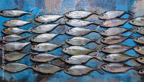 Small Silver Fish Arranged In Rows On Textured White And Beige Oil Painting Canvas Background