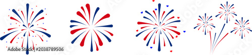 Set of patriotic firework bursts isolated on white, red and blue firework explosions celebration vector, fourth of july holiday sparklers decoration