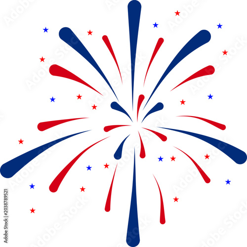 Single patriotic firework explosion with stars isolated on white, red and blue starburst celebration vector element, fourth of july independent day sparkler