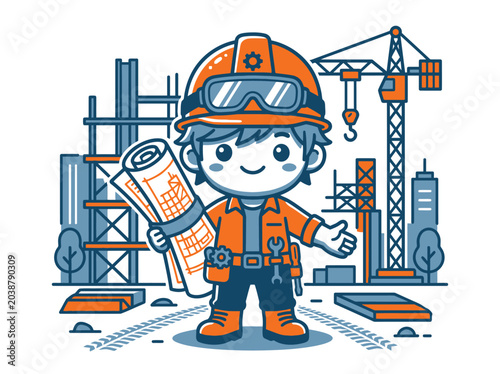Cute construction worker character holding blueprints with city buildings and crane in background