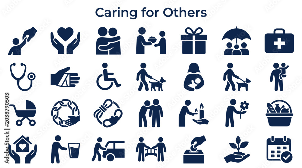 Fototapeta premium Collection of icons representing care compassion support and community services illustrating diverse acts of kindness and assistance for people and animals