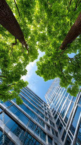 Sustainable finance esg investing green tree canopy urban skyline upward view modern glass building blue sky for clean future