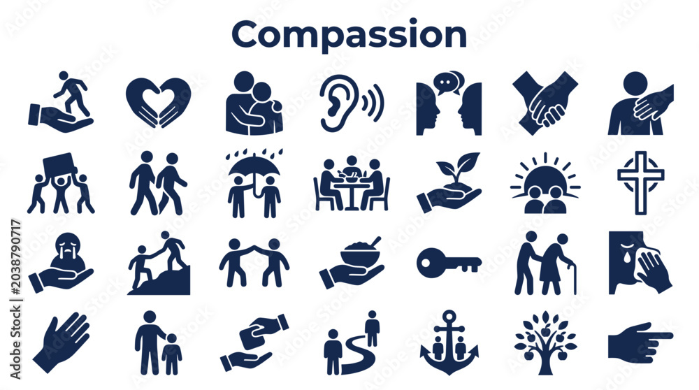 Fototapeta premium Collection of compassion and kindness icons representing empathy support and human connection in a dark blue silhouette style on a white background