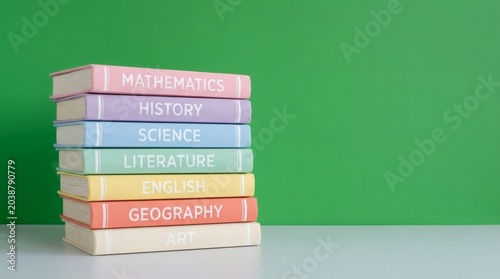 Stack of colorful educational textbooks.