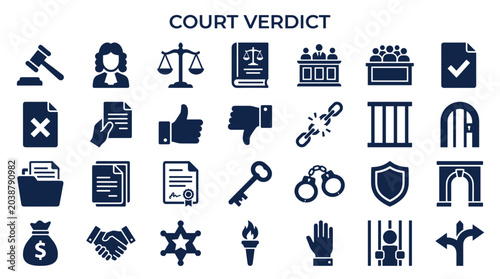 Tableau sur toile Courtroom icons representing justice legal system and law concepts like verdict
