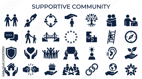 Schilderij op canvas Supportive community icons representing togetherness, help, connection, growth,