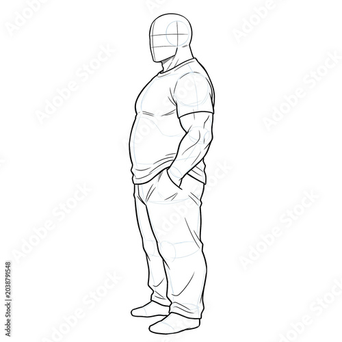 Hand drawn sketch of plus size male body base standing in a casual relaxed posture with hands in pockets side view isolated on white background. Black ink line art anime illustration.