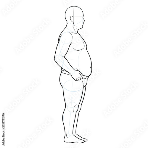 Hand drawn sketch of plus size male body base standing with one hand casually adjusting a belt line side view isolated on white background. Black ink line art anime illustration.
