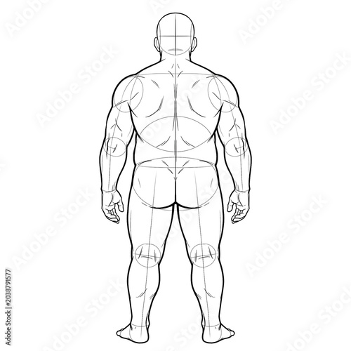 Hand drawn sketch of plus size male body base standing in a neutral relaxed stance with arms at sides back view isolated on white background. Black ink line art anime illustration.
