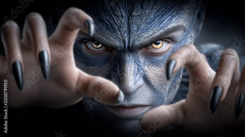 Character with striking features reaching forward with claws in a dramatic pose